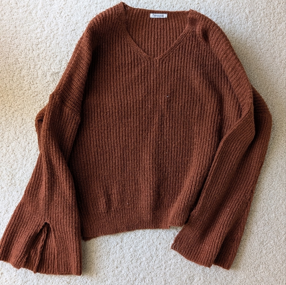 Flared Sleeve Brown Knit Sweater
